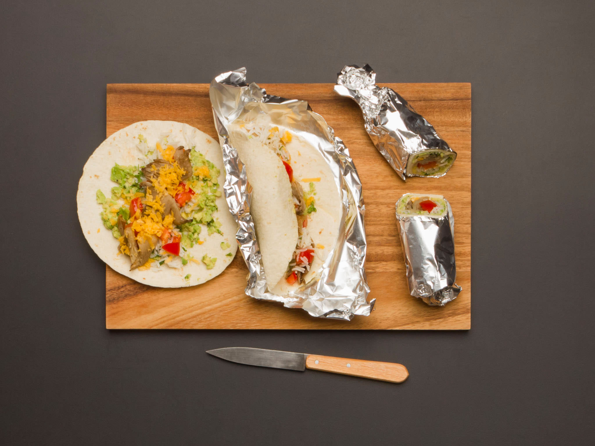Mini oyster mushroom, cilantro, and avocado burritos
